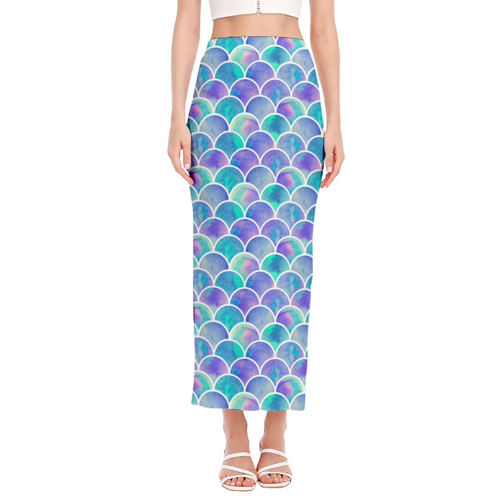 Sea Blue Mermaid Scales Pattern Print Side Slit Maxi Skirt