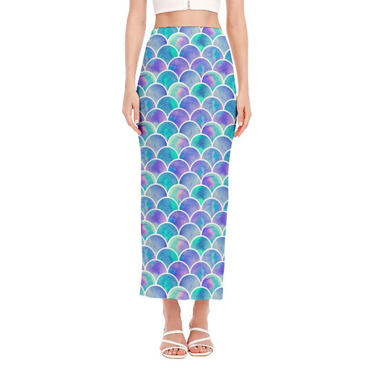Sea Blue Mermaid Scales Pattern Print Side Slit Maxi Skirt