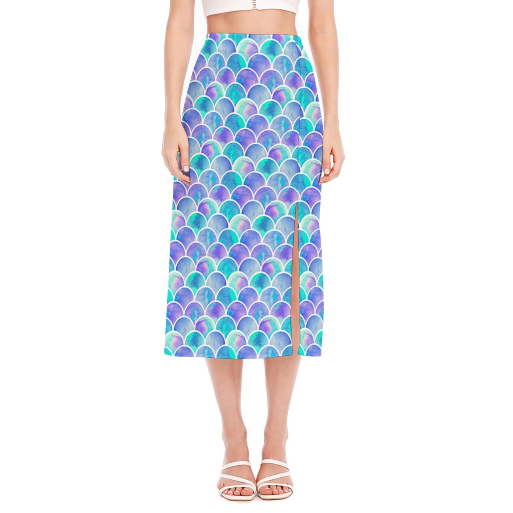 Sea Blue Mermaid Scales Pattern Print Side Slit Midi Skirt