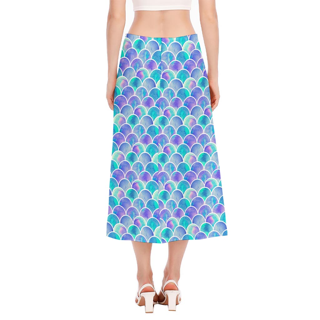 Sea Blue Mermaid Scales Pattern Print Side Slit Midi Skirt