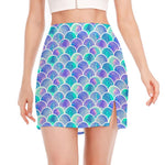Sea Blue Mermaid Scales Pattern Print Side Slit Mini Skirt