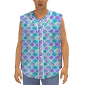 Sea Blue Mermaid Scales Pattern Print Sleeveless Baseball Jersey