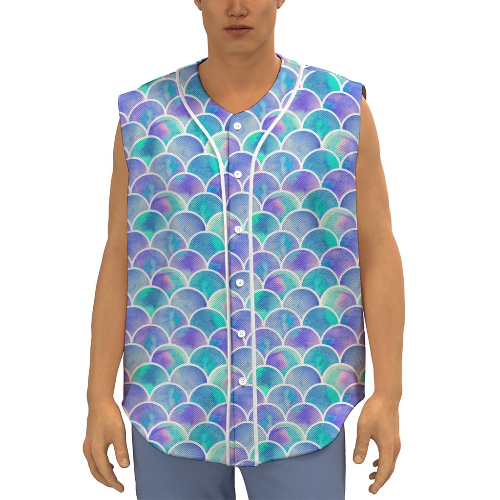 Sea Blue Mermaid Scales Pattern Print Sleeveless Baseball Jersey