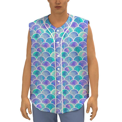 Sea Blue Mermaid Scales Pattern Print Sleeveless Baseball Jersey