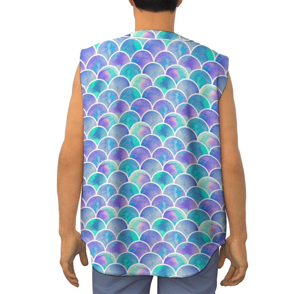 Sea Blue Mermaid Scales Pattern Print Sleeveless Baseball Jersey