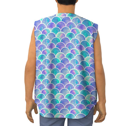 Sea Blue Mermaid Scales Pattern Print Sleeveless Baseball Jersey
