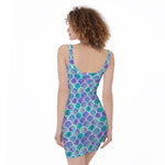 Sea Blue Mermaid Scales Pattern Print Sleeveless Bodycon Dress