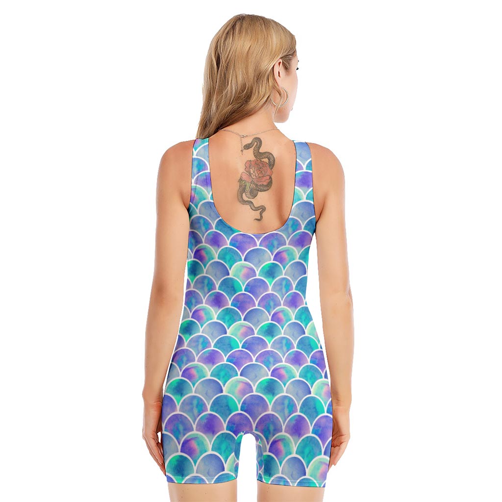 Sea Blue Mermaid Scales Pattern Print Sleeveless One Piece Swimsuit