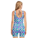 Sea Blue Mermaid Scales Pattern Print Sleeveless One Piece Swimsuit