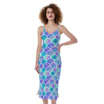Sea Blue Mermaid Scales Pattern Print Slim Fit Midi Cami Dress