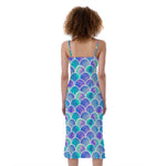 Sea Blue Mermaid Scales Pattern Print Slim Fit Midi Cami Dress