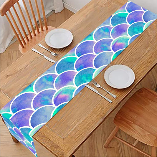 Sea Blue Mermaid Scales Pattern Print Table Runner