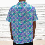Sea Blue Mermaid Scales Pattern Print Textured Short Sleeve Shirt