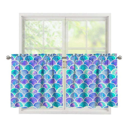 Sea Blue Mermaid Scales Pattern Print Tier Curtains