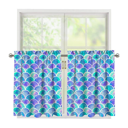 Sea Blue Mermaid Scales Pattern Print Tier Curtains