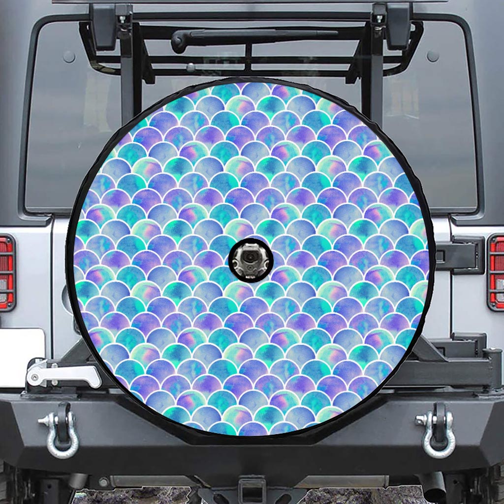 Sea Blue Mermaid Scales Pattern Print Tire Cover With Camera Hole