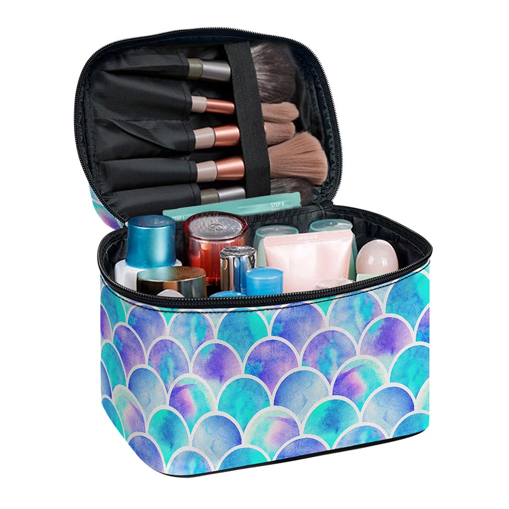Sea Blue Mermaid Scales Pattern Print Travel Makeup Bag