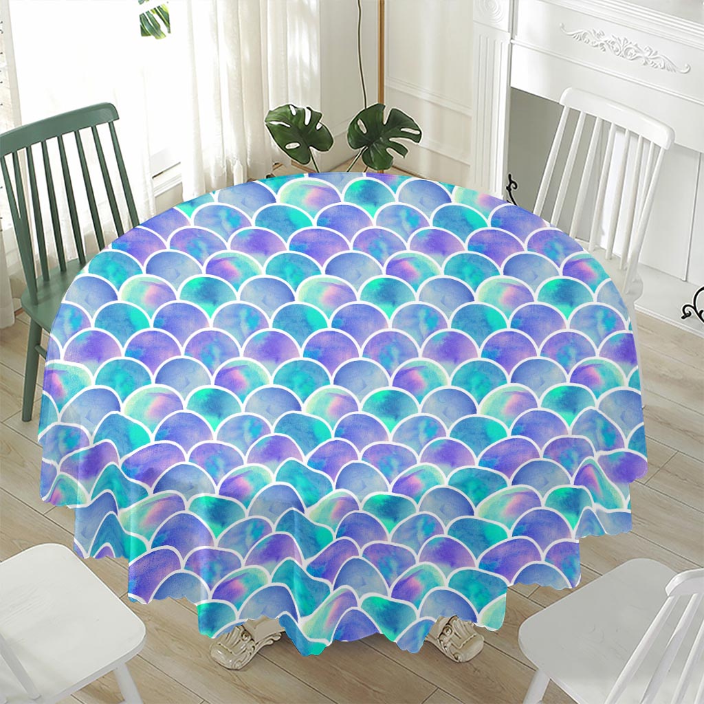 Sea Blue Mermaid Scales Pattern Print Waterproof Round Tablecloth