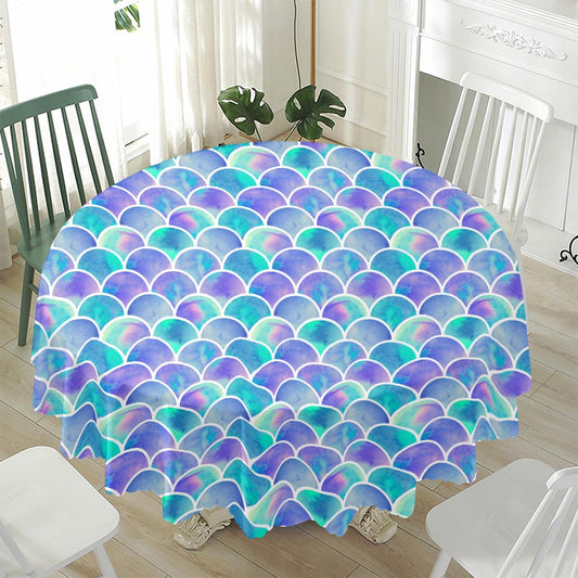 Sea Blue Mermaid Scales Pattern Print Waterproof Round Tablecloth