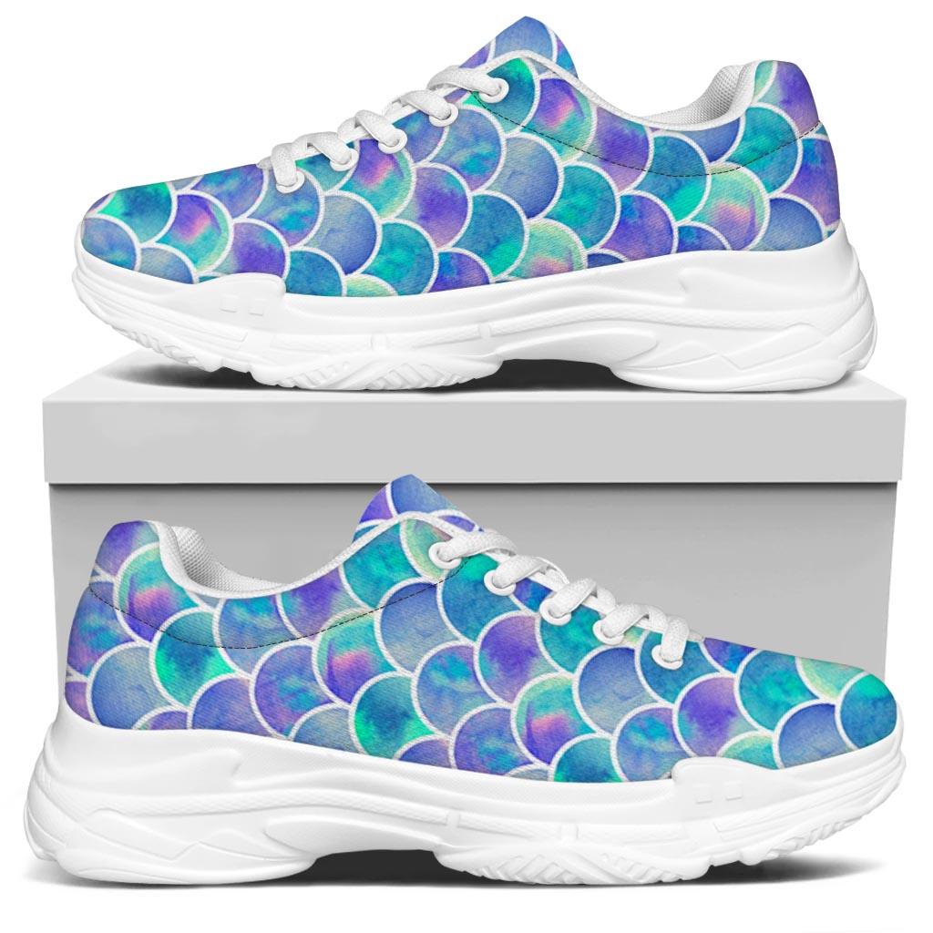 Sea Blue Mermaid Scales Pattern Print White Chunky Shoes