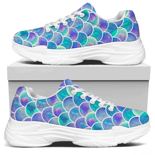 Sea Blue Mermaid Scales Pattern Print White Chunky Shoes