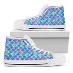 Sea Blue Mermaid Scales Pattern Print White High Top Sneakers