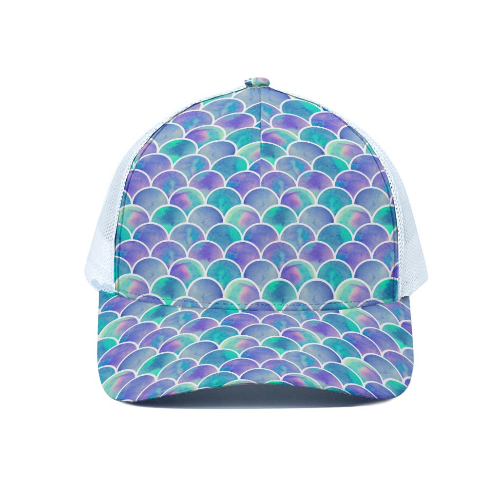 Sea Blue Mermaid Scales Pattern Print White Mesh Trucker Cap