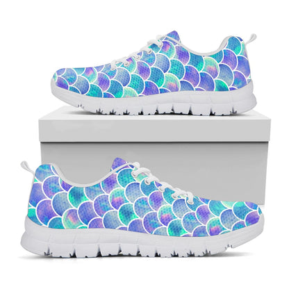 Sea Blue Mermaid Scales Pattern Print White Running Shoes
