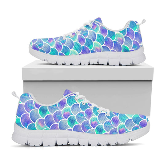 Sea Blue Mermaid Scales Pattern Print White Running Shoes