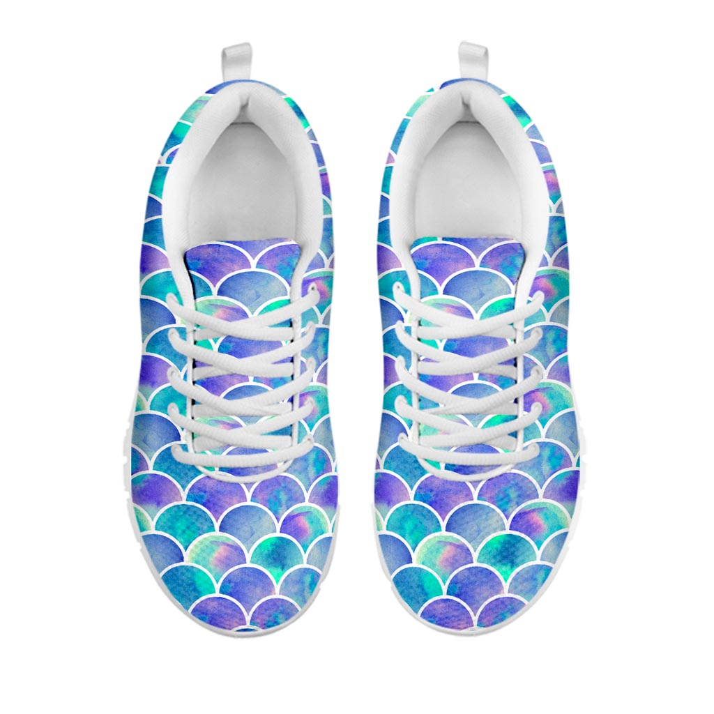 Sea Blue Mermaid Scales Pattern Print White Running Shoes