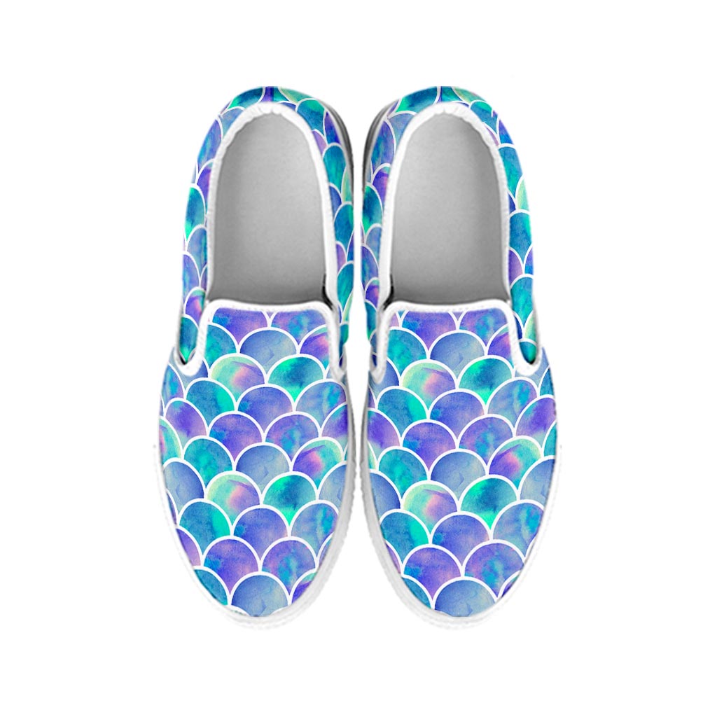 Sea Blue Mermaid Scales Pattern Print White Slip On Sneakers