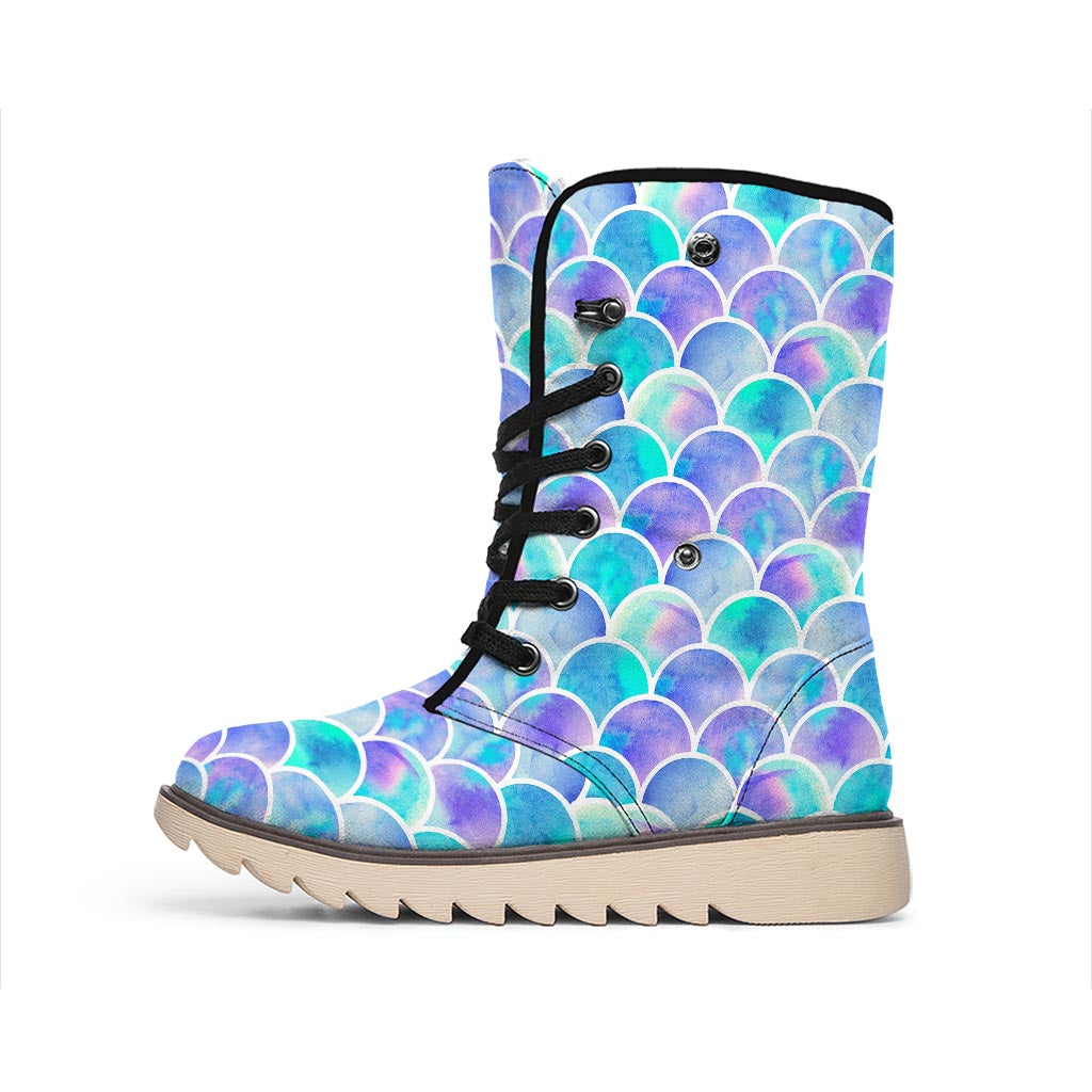 Sea Blue Mermaid Scales Pattern Print Winter Boots