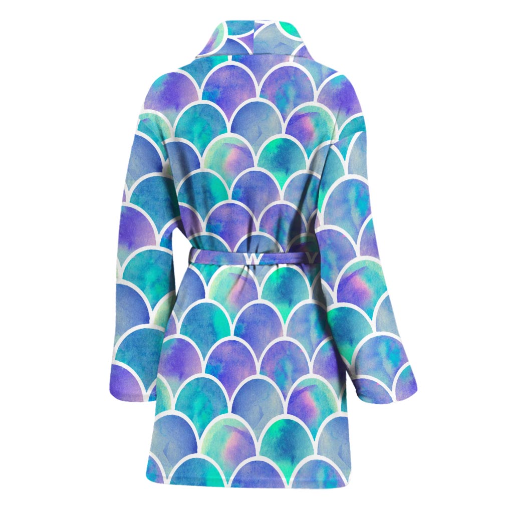 Sea Blue Mermaid Scales Pattern Print Women's Bathrobe
