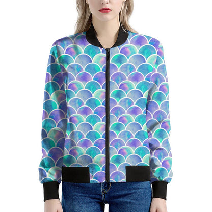 Sea Blue Mermaid Scales Pattern Print Women's Bomber Jacket