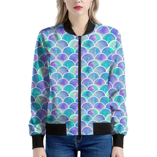 Sea Blue Mermaid Scales Pattern Print Women's Bomber Jacket