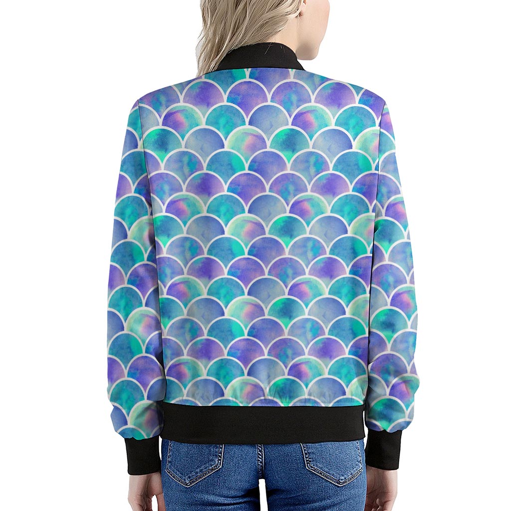 Sea Blue Mermaid Scales Pattern Print Women's Bomber Jacket