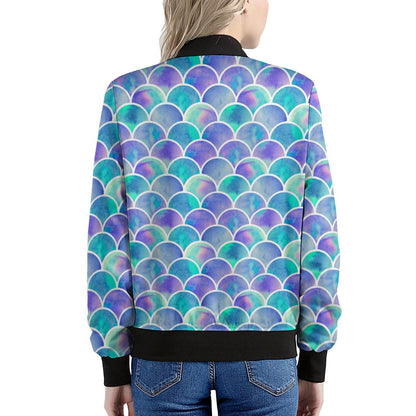 Sea Blue Mermaid Scales Pattern Print Women's Bomber Jacket