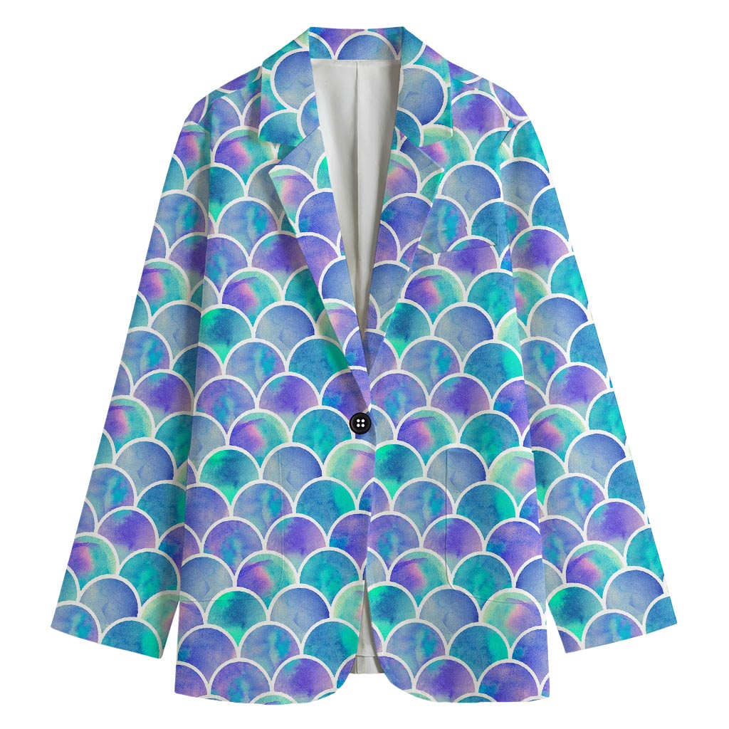 Sea Blue Mermaid Scales Pattern Print Women's Cotton Blazer