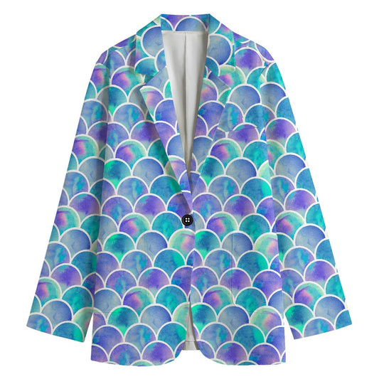 Sea Blue Mermaid Scales Pattern Print Women's Cotton Blazer
