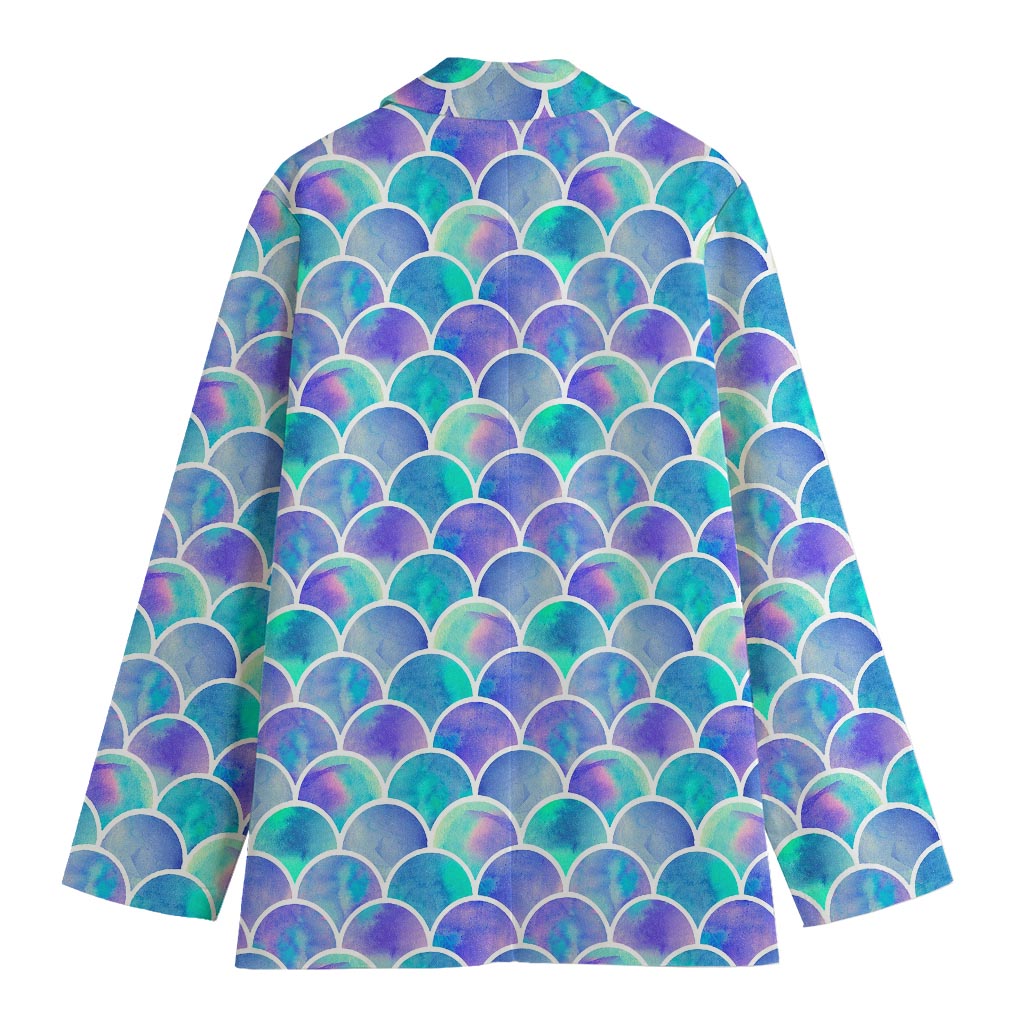 Sea Blue Mermaid Scales Pattern Print Women's Cotton Blazer