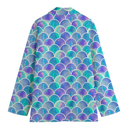 Sea Blue Mermaid Scales Pattern Print Women's Cotton Blazer