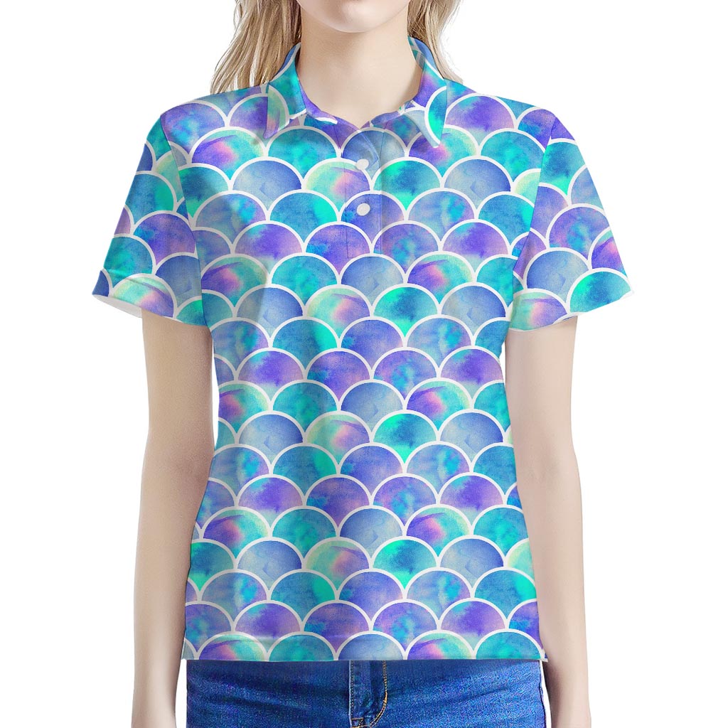 Sea Blue Mermaid Scales Pattern Print Women's Polo Shirt