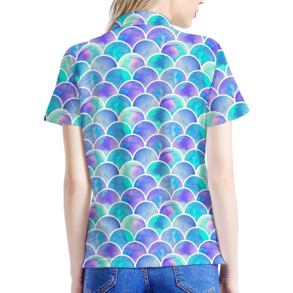 Sea Blue Mermaid Scales Pattern Print Women's Polo Shirt