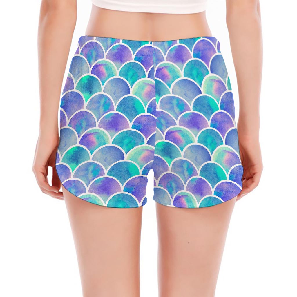 Sea Blue Mermaid Scales Pattern Print Women's Split Running Shorts
