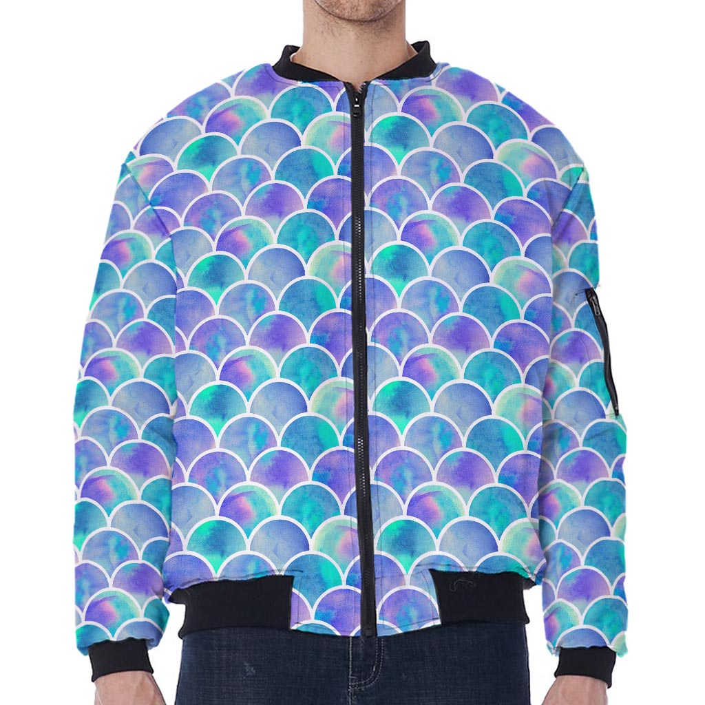 Sea Blue Mermaid Scales Pattern Print Zip Sleeve Bomber Jacket