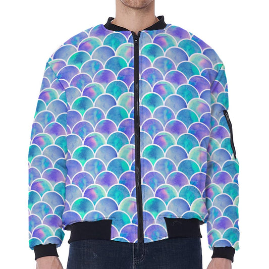 Sea Blue Mermaid Scales Pattern Print Zip Sleeve Bomber Jacket