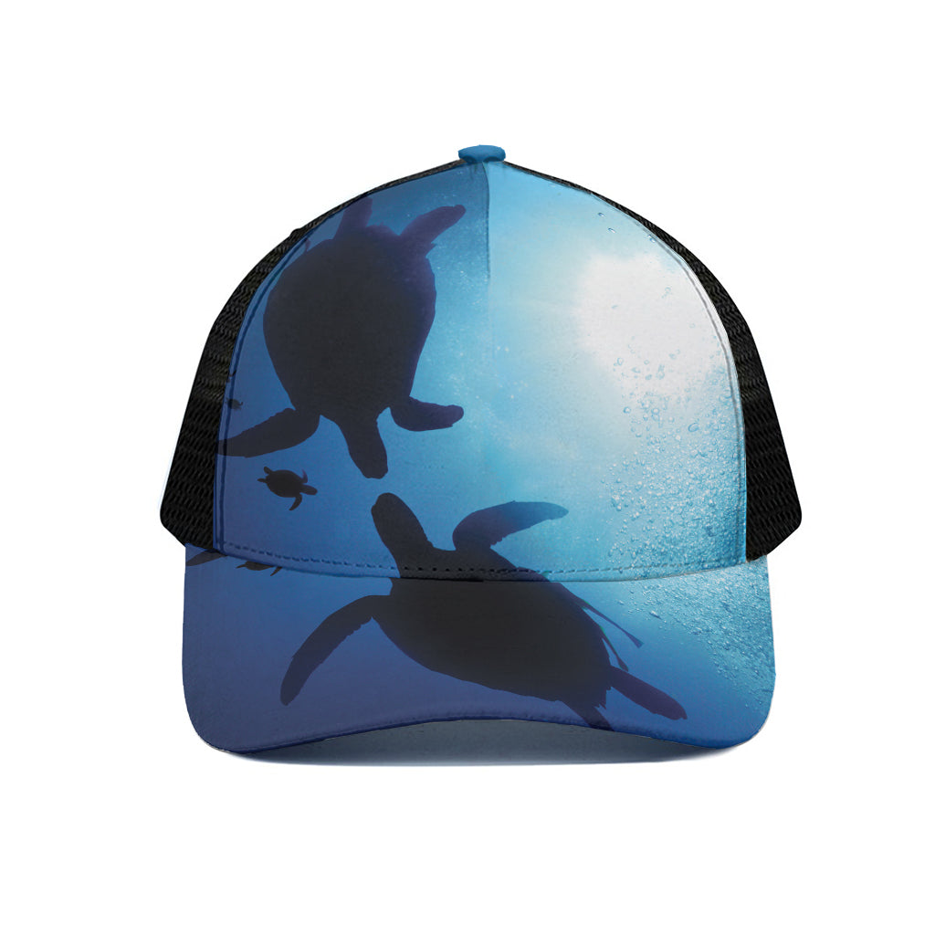 Sea Turtle Family Underwater Print Black Mesh Trucker Cap