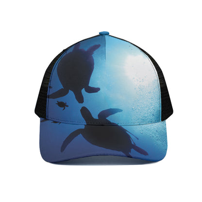 Sea Turtle Family Underwater Print Black Mesh Trucker Cap