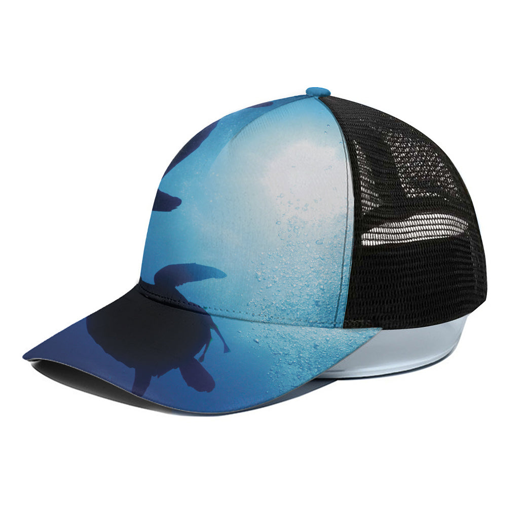 Sea Turtle Family Underwater Print Black Mesh Trucker Cap