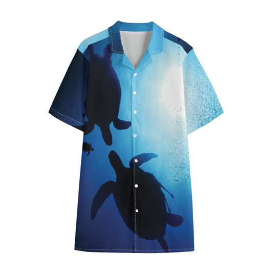 Sea Turtle Family Underwater Print Cotton Hawaiian Shirt